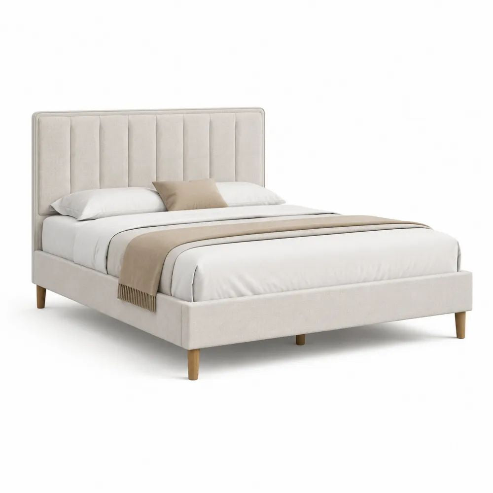 Lit double rembourré beige 160 x 200 cm avec tête de lit à cannelures verticales