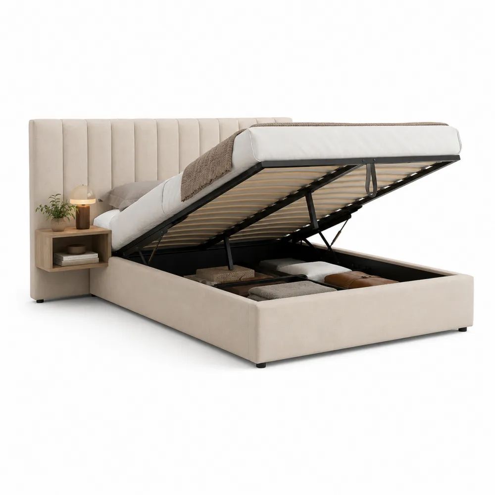 Lit coffre 160 x 200 cm en polyester beige avec sommier relevable, tête de lit rembourrée et chevet suspendu