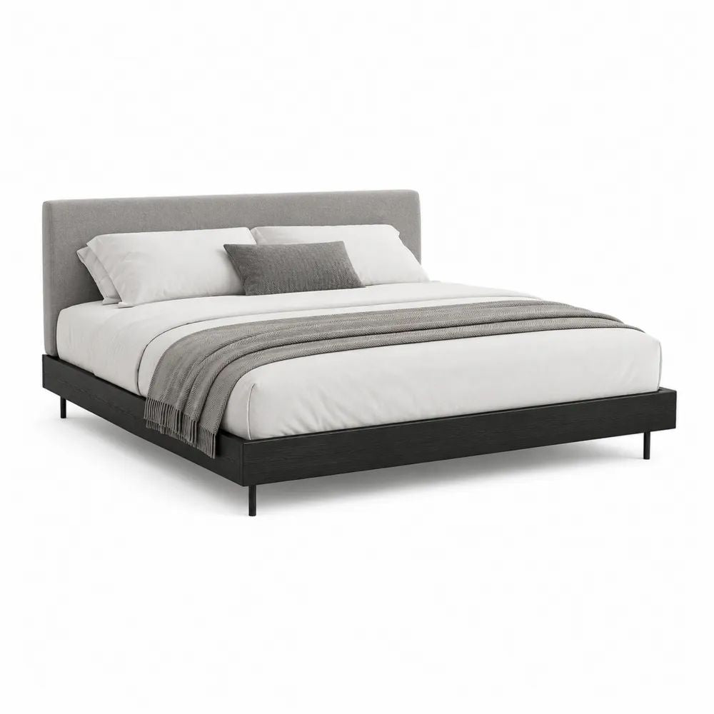 Lit double 160 x 200 cm en bois noir avec tête de lit rembourrée en tissu gris et pieds en métal, 214 x 170 x 105 cm