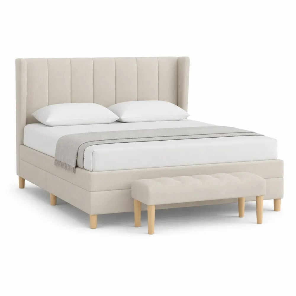 Lit double rembourré en tissu avec tête de lit à panneaux et banc beige, couchage 160 x 200 cm, dimensions 174 x 216 x 120 cm