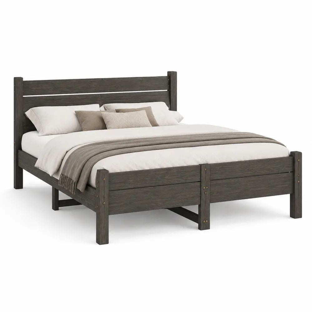Lit double avec cadre rectangulaire en pin massif gris anthracite, couchage 180 × 200 cm, dimensions 214 × 190 × 120 cm