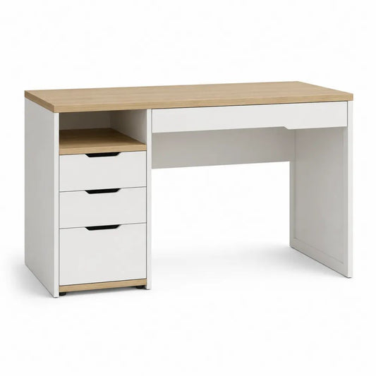 Bureau rectangulaire en bois avec 4 tiroirs et niche, blanc et chêne clair, 120 × 60 × 75 cm