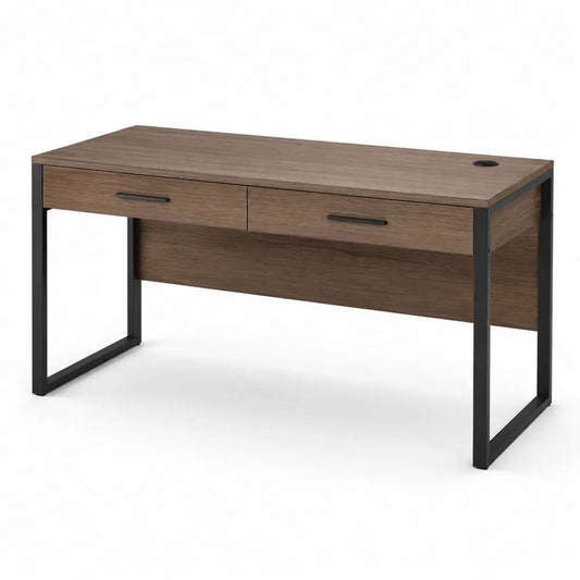 Bureau informatique rectangulaire en bois et métal avec 2 tiroirs et passe-câbles, noyer et noir, 120 × 60 × 75 cm