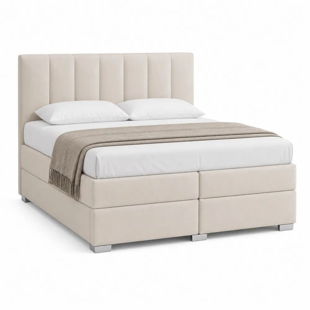 Lit double 180 x 200 cm beige en tissu avec tête de lit rembourrée et 2 sommiers tapissiers