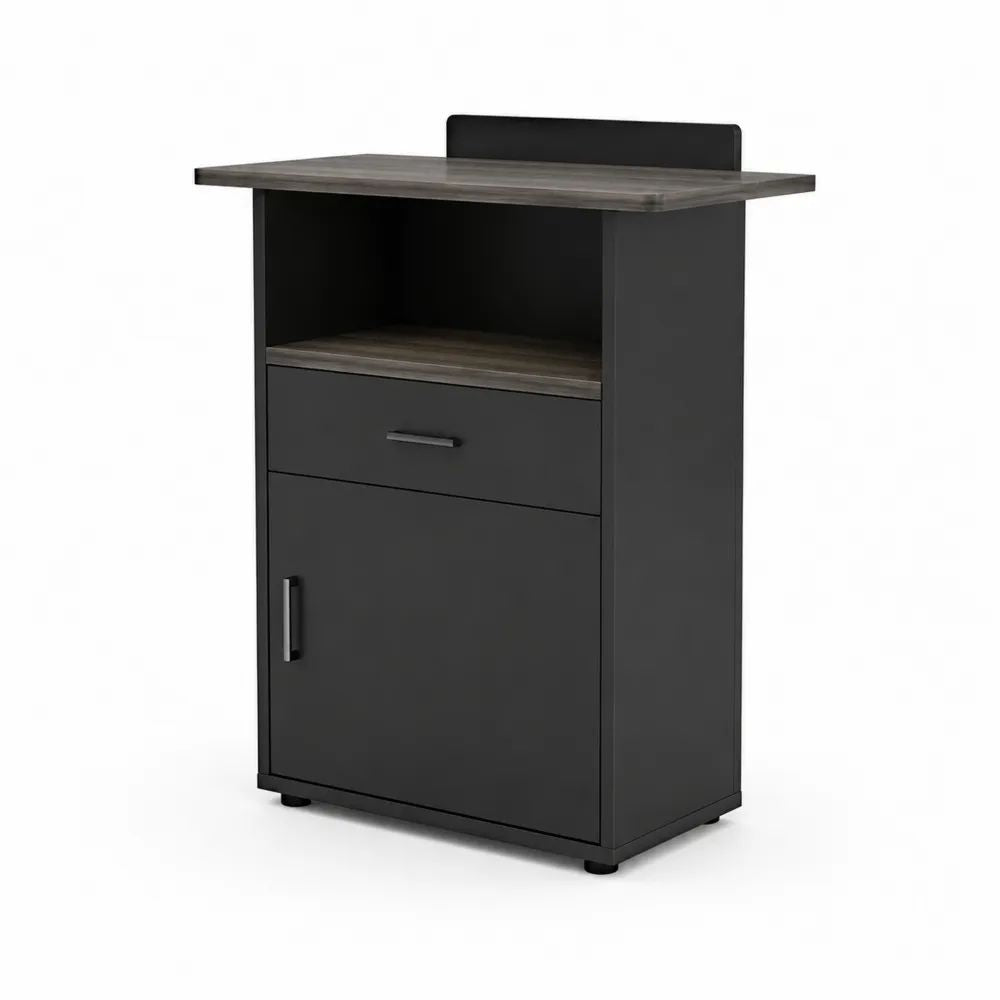 Bureau d’accueil compact en bois avec niche, tiroir et porte, noir et gris, 80 × 45 × 110 cm