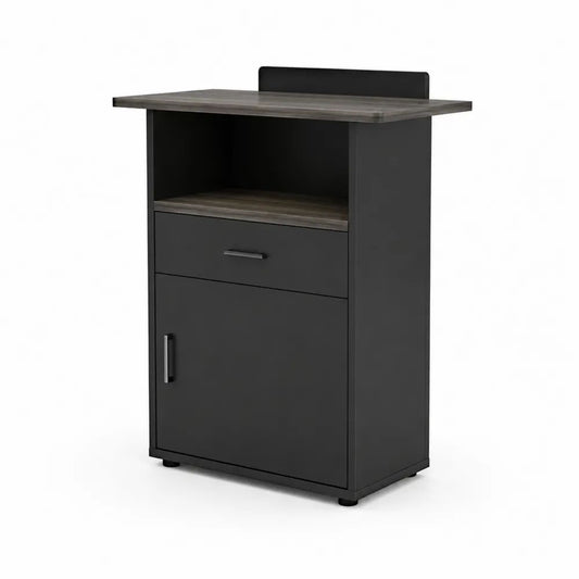 Bureau d’accueil compact en bois avec niche, tiroir et porte, noir et gris, 80 × 45 × 110 cm