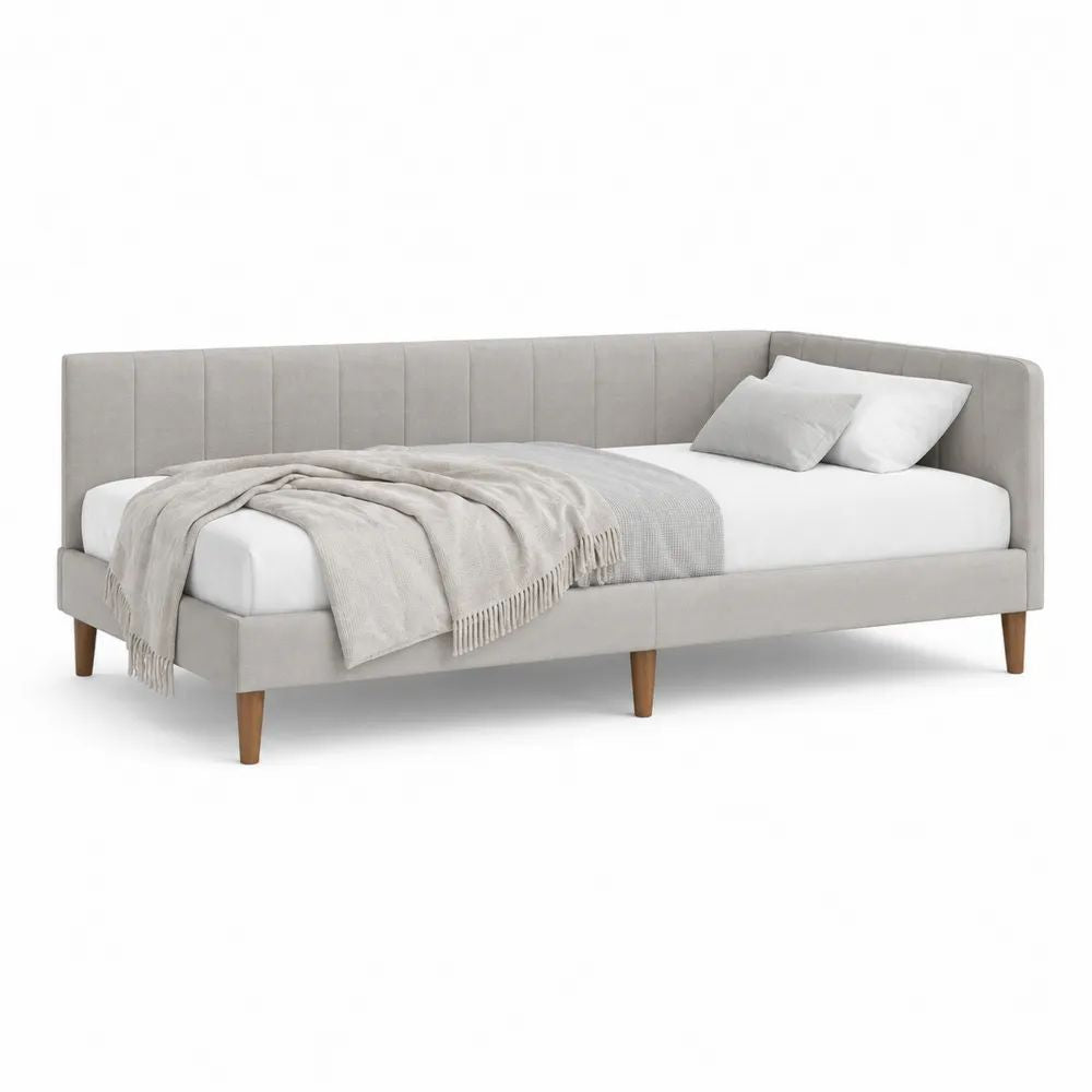 Lit banquette rembourré rectangulaire 90 x 200 cm en velours polyester gris clair avec sommier à lattes et pieds en bois marron