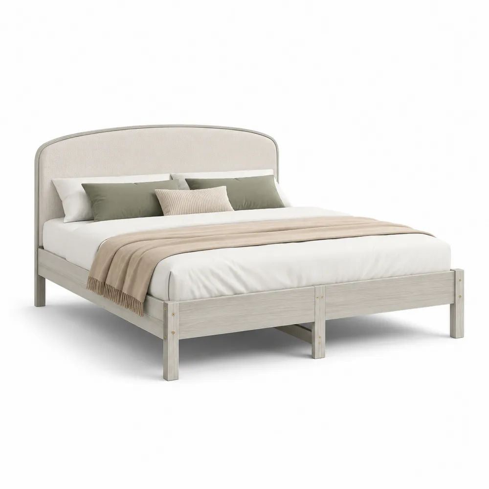Cadre de lit double 180 x 200 cm en pin massif blanc grisé avec tête de lit rembourrée beige – 210 x 190 x 110 cm