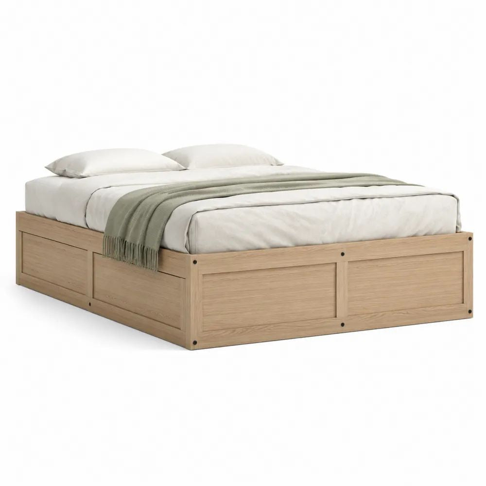 Cadre de lit double 160 x 200 cm en bois et MDF plaqué chêne naturel, 208 x 168 x 45 cm, sans tête de lit