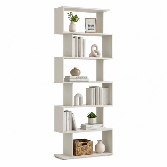 Bibliothèque étagère sur pied à 6 niveaux en panneaux de particules mélaminés, forme asymétrique, blanc, 70 x 24 x 190 cm