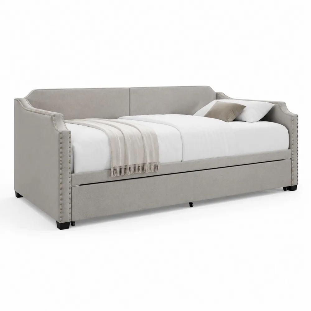 Lit banquette gigogne rembourré en polyester gris clair, 2 couchages 90 × 190 cm, 211 × 102 × 93 cm