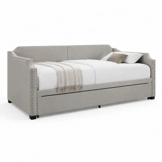 Lit banquette gigogne rembourré en polyester gris clair, 2 couchages 90 × 190 cm, 211 × 102 × 93 cm