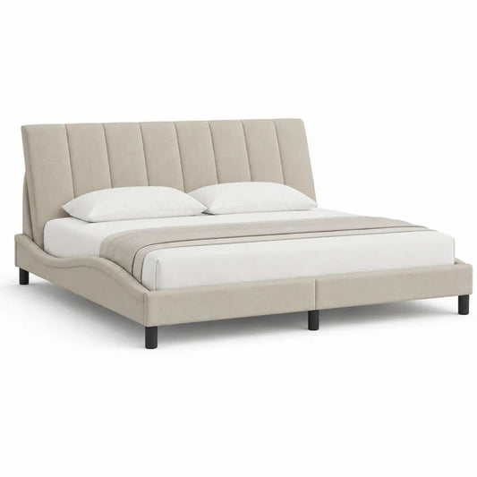 Lit double rembourré 180 × 200 cm en polyester beige avec tête de lit à panneaux verticaux et pieds noirs, 220 × 198 × 115 cm