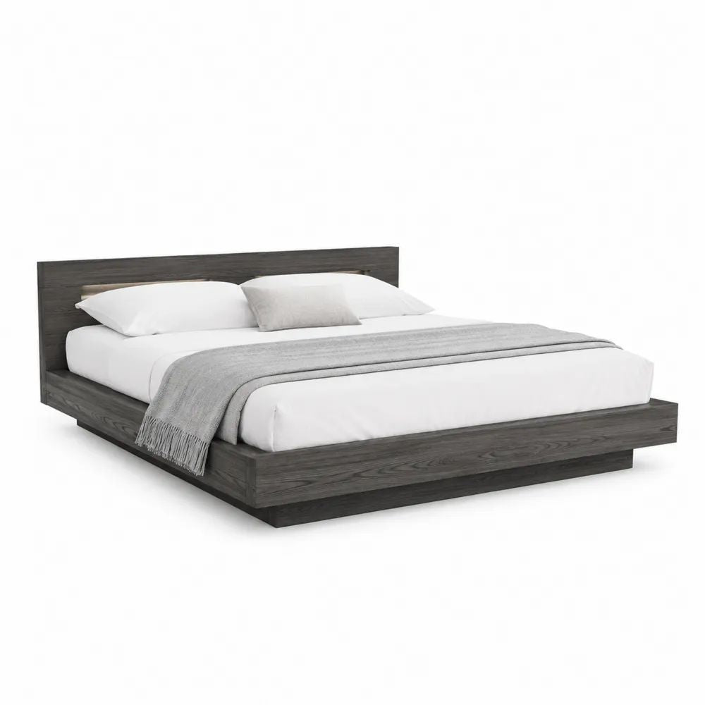 Lit plateforme 2 places en MDF plaqué frêne gris anthracite, couchage 160 x 200 cm, dimensions 220 x 180 x 95 cm