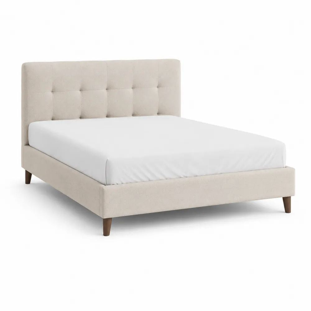 Lit double rembourré beige 160 x 200 cm avec tête de lit capitonnée et pieds en bois marron, dimensions 170 x 215 x 110 cm