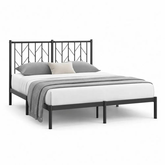 Lit double 160 x 200 cm en acier noir avec tête de lit géométrique et sommier à lattes