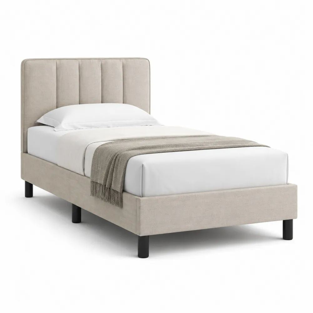 Lit double rembourré 140 x 190 cm en tissu beige avec tête de lit à panneaux et pieds noirs