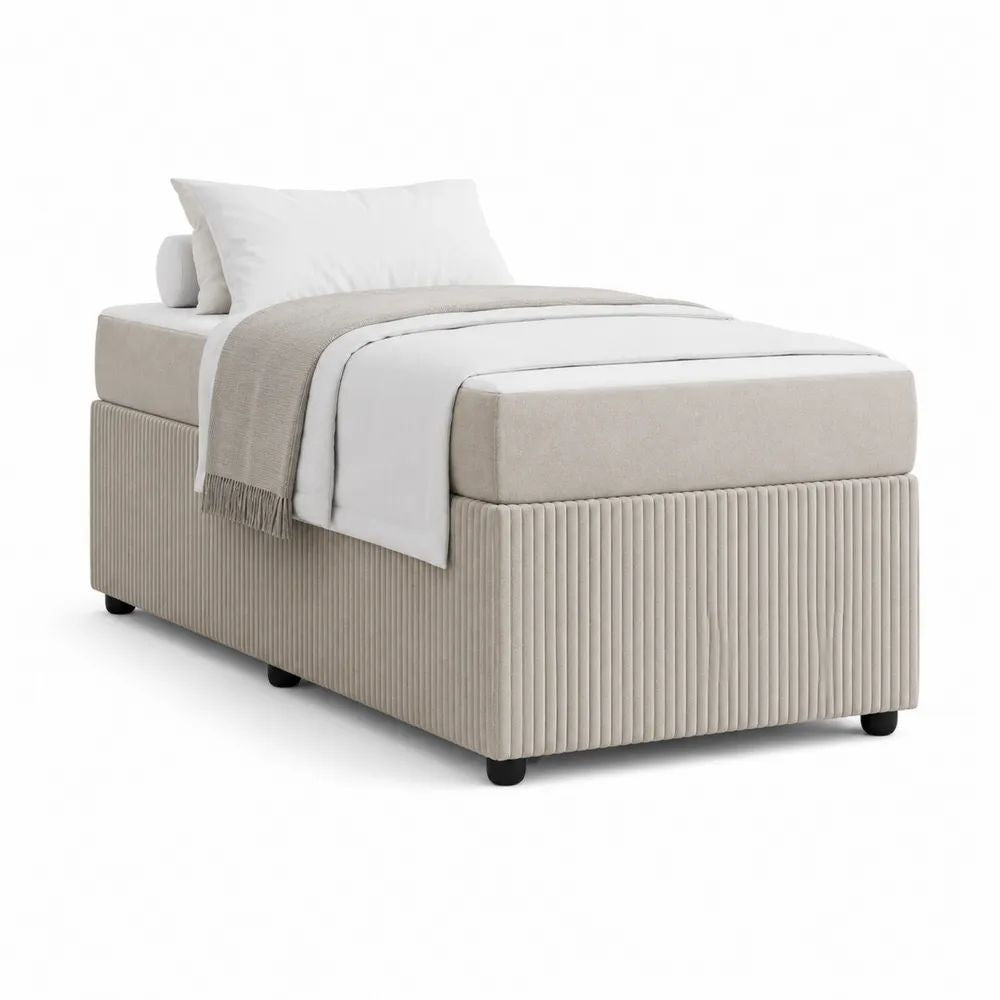 Lit 1 place rembourré en tissu beige avec matelas en mousse, couchage 90 × 200 cm, dimensions 210 × 100 × 62 cm