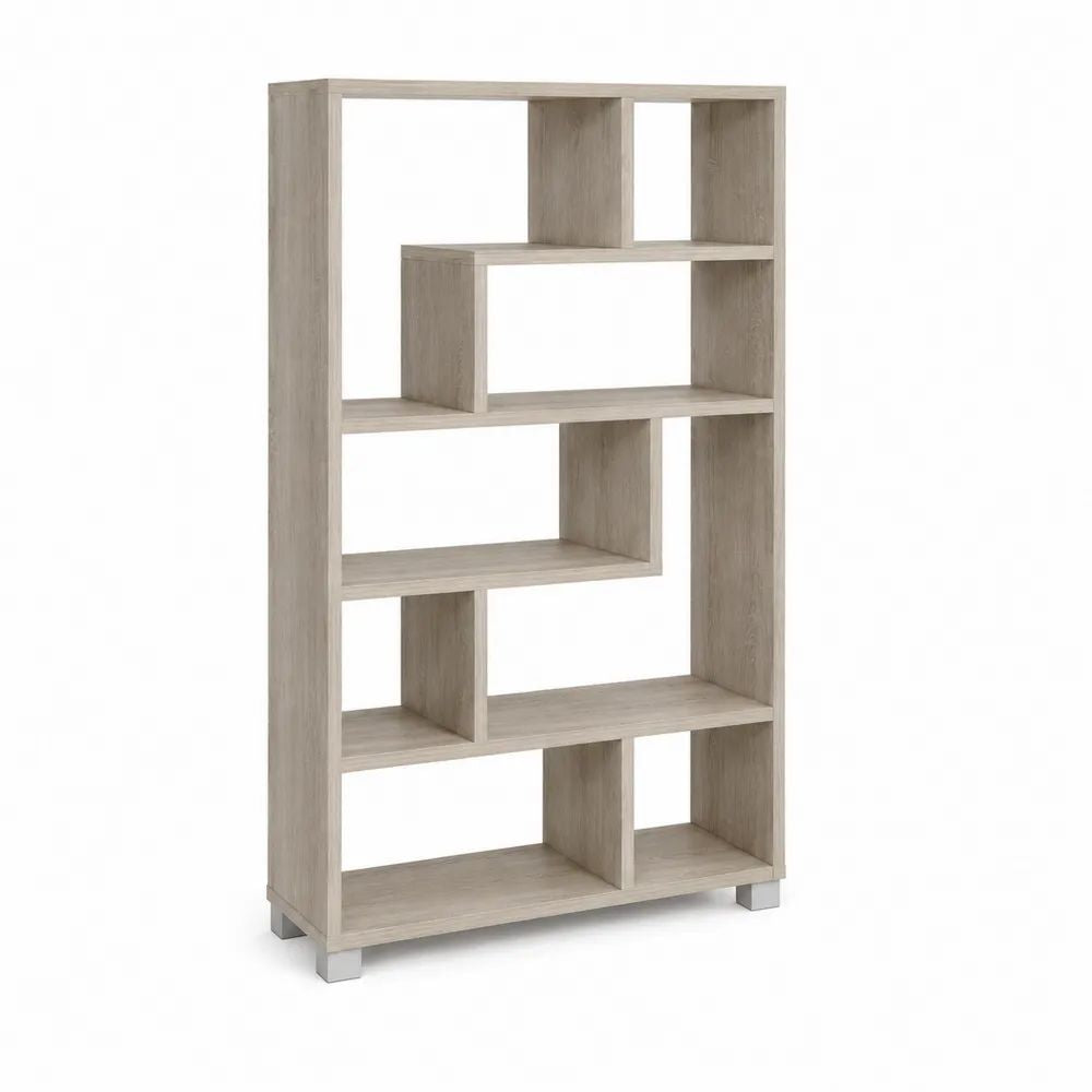 Bibliothèque étagère sur pied asymétrique en panneaux de particules mélaminés, chêne clair et gris, 90 × 25 × 160 cm