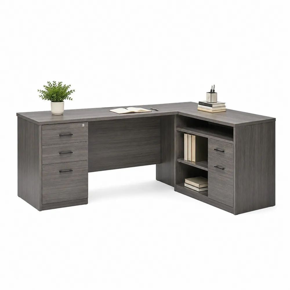 Bureau d’angle en L avec tiroirs, porte et niches, panneaux de particules mélaminés gris chêne, 150 x 150 x 75 cm