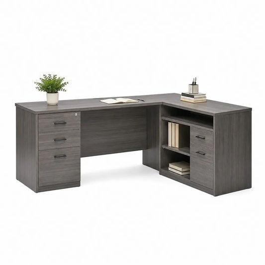 Bureau d’angle en L avec tiroirs, porte et niches, panneaux de particules mélaminés gris chêne, 150 x 150 x 75 cm