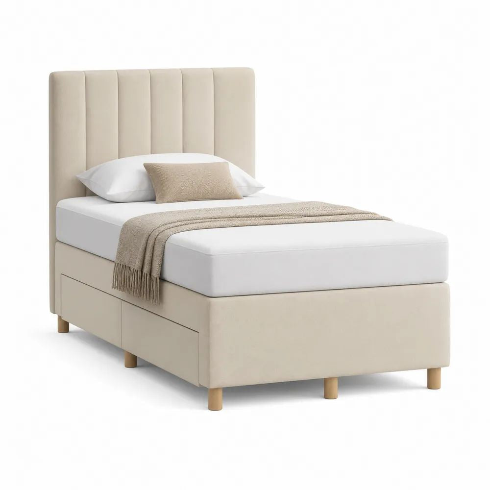 Lit une place rembourré avec rangement 90 x 200 cm en tissu beige, tête de lit verticale et pieds en bois clair