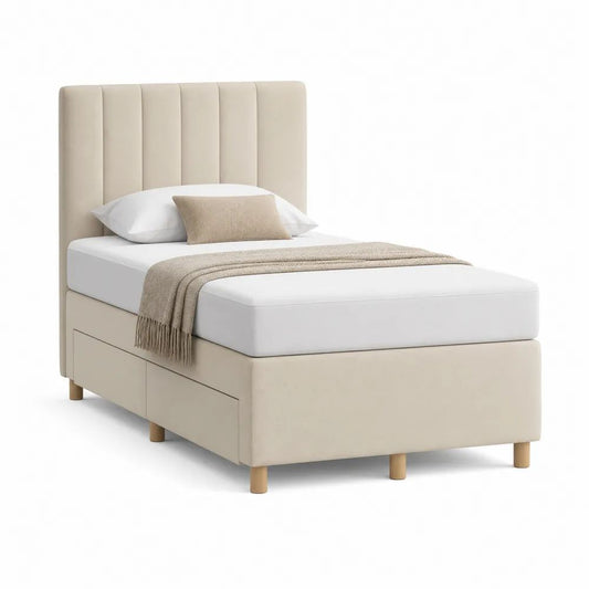 Lit une place rembourré avec rangement 90 x 200 cm en tissu beige, tête de lit verticale et pieds en bois clair