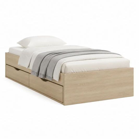 Lit simple en bois avec 2 tiroirs, décor chêne clair, couchage 90 x 190 cm, dimensions 196 x 96 x 55 cm