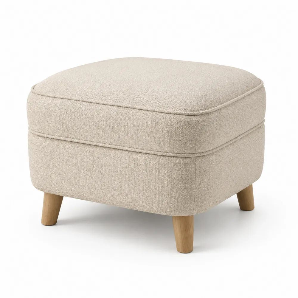 Repose-pieds carré rembourré en polyester bouclé beige avec pieds en hévéa massif brun clair, 60 x 60 x 45 cm