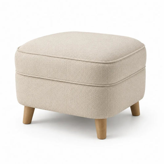 Repose-pieds carré rembourré en polyester bouclé beige avec pieds en hévéa massif brun clair, 60 x 60 x 45 cm