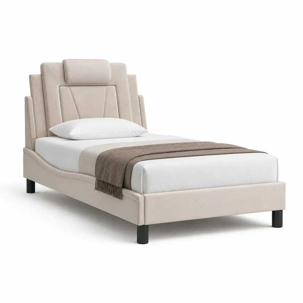 Lit simple rembourré en tissu beige et métal noir 90 × 200 cm avec tête de lit et sommier à lattes