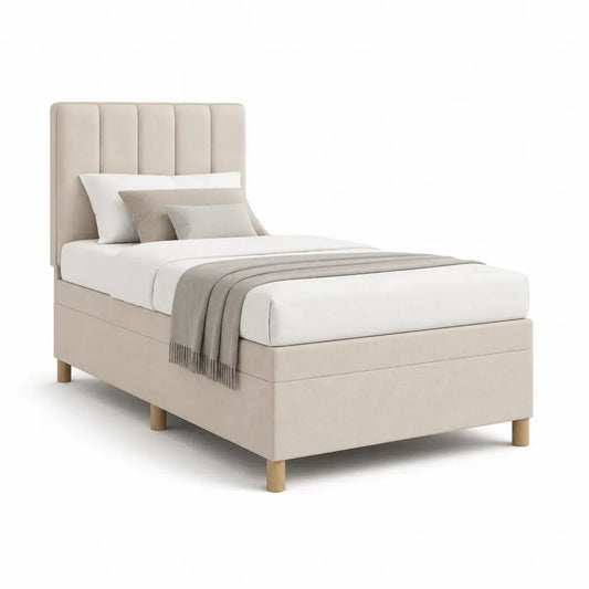Lit simple rembourré en tissu beige avec sommier à lattes, couchage 90 × 190 cm, dimensions 203 × 100 × 120 cm