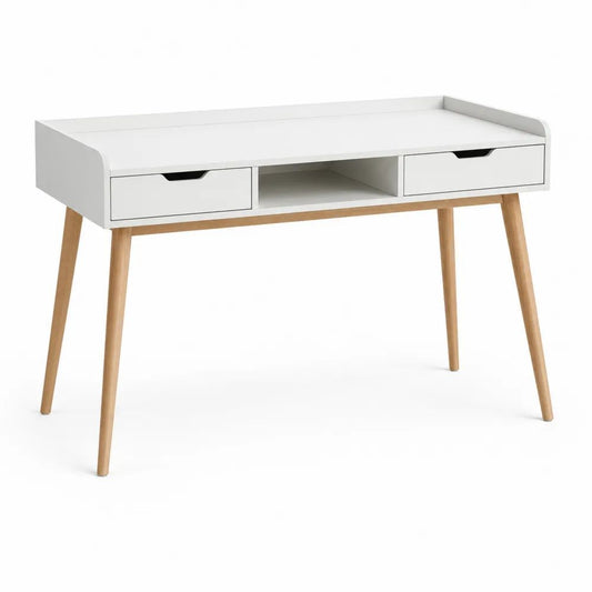 Bureau rectangulaire en bois avec 2 tiroirs et niche centrale, blanc et bois naturel, 120 × 60 × 85 cm