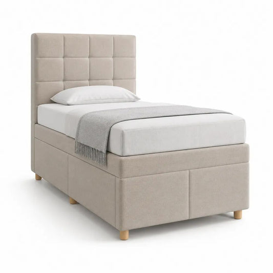 Lit simple 90 x 190 cm avec 2 tiroirs, cadre rembourré en tissu beige et tête de lit capitonnée