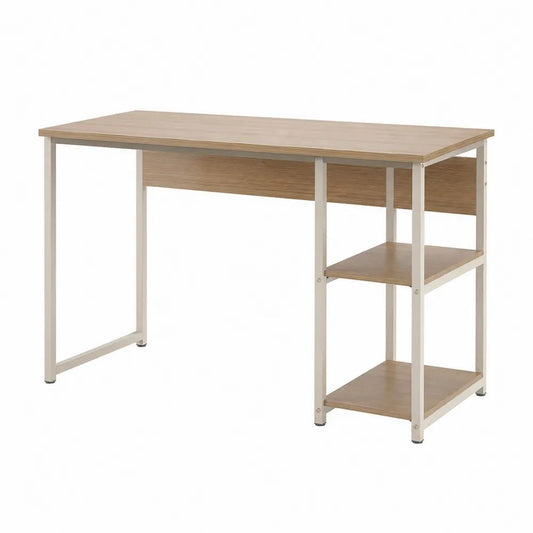 Bureau rectangulaire avec 2 étagères en bois et structure en acier, chêne clair et blanc, 100 × 50 × 75 cm