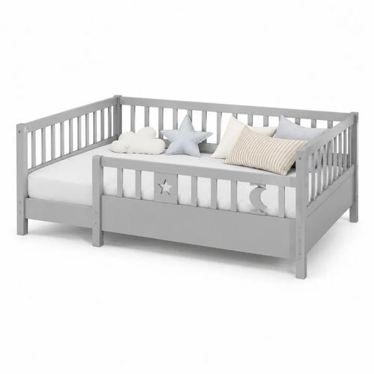 Lit enfant en bois gris 90 x 200 cm avec sommier à lattes et barrières de sécurité