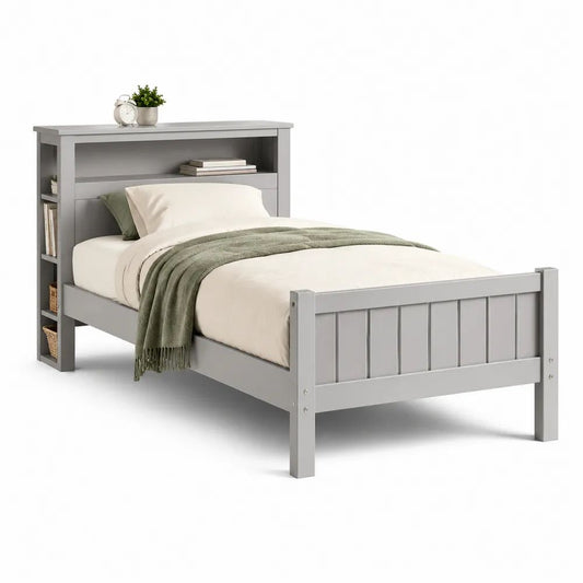 Lit simple 90 x 190 cm en bois et MDF gris avec tête de lit bibliothèque et rangements