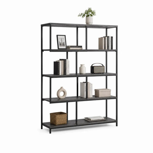 Bibliothèque étagère noire sur pied à 5 niveaux en acier et panneaux de particules, 120 × 30 × 180 cm