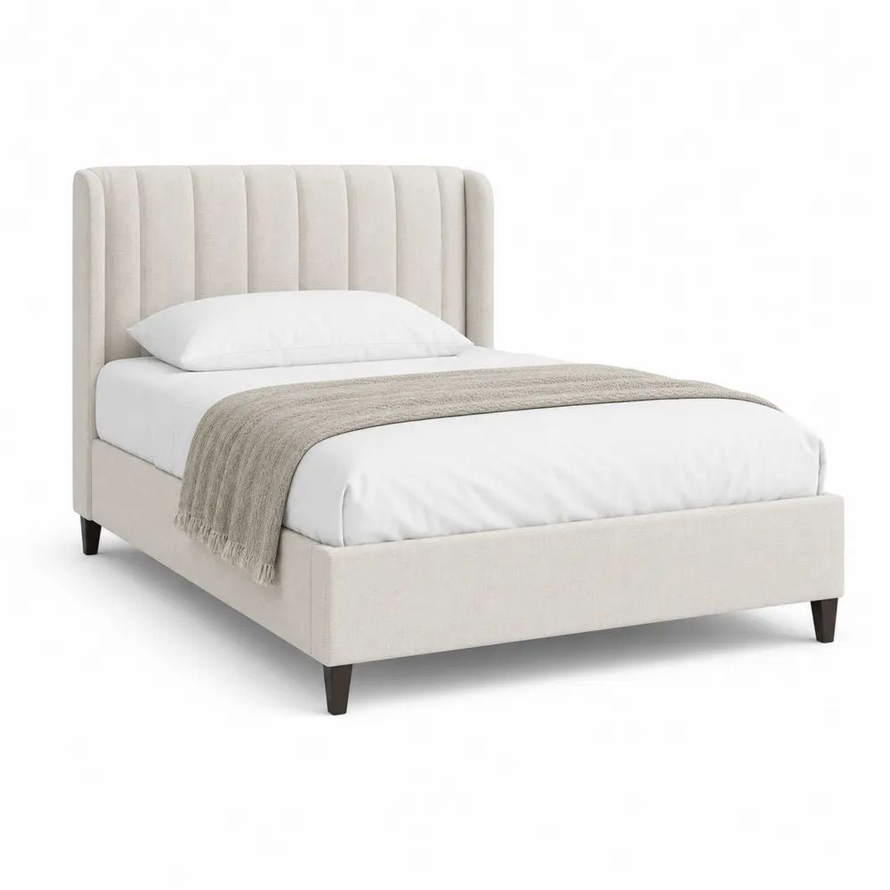 Lit double rembourré en polyester beige avec tête de lit et sommier à lattes, couchage 160 × 200 cm, dimensions 171 × 215 × 120 cm