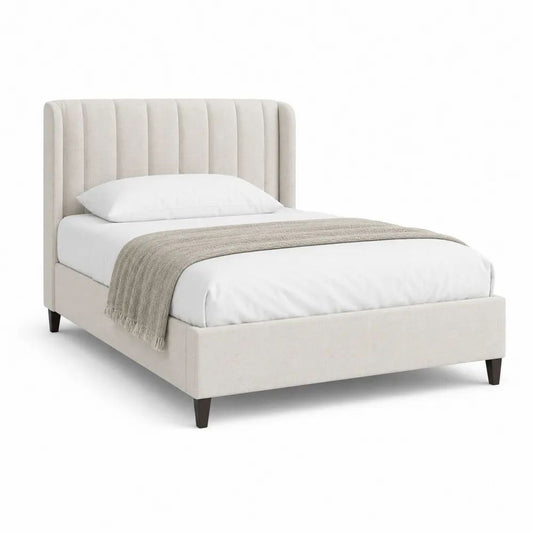 Lit double rembourré en polyester beige avec tête de lit et sommier à lattes, couchage 160 × 200 cm, dimensions 171 × 215 × 120 cm
