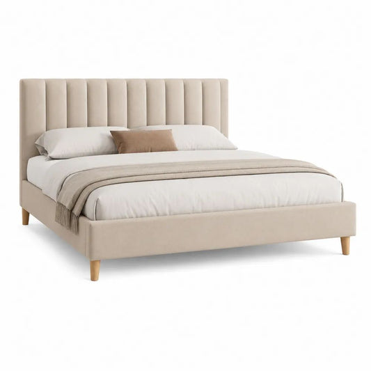 Lit double rembourré en tissu beige 160 x 200 cm avec tête de lit à canaux verticaux et pieds en bois