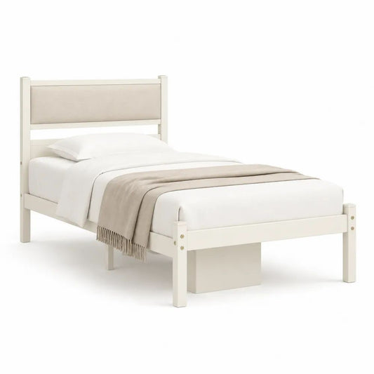 Lit simple 1 place 90 × 190 cm en pin massif avec sommier à lattes et tête de lit rembourrée, blanc cassé et beige clair
