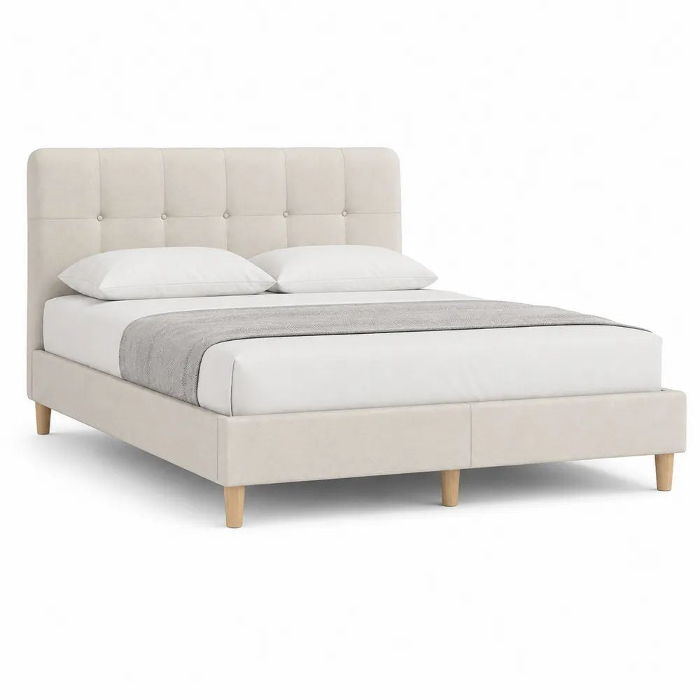 Lit double rembourré beige 160 x 200 cm avec tête de lit capitonnée et pieds en bois