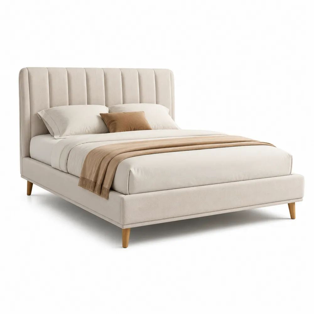 Lit double rembourré en polyester beige avec tête de lit à panneaux verticaux, couchage 160 x 200 cm