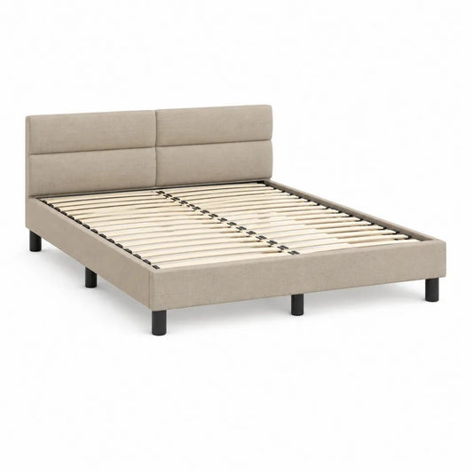 Lit double rembourré en polyester beige avec sommier à lattes, couchage 160 x 200 cm