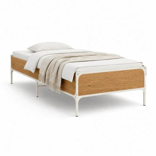 Lit simple rectangulaire en acier blanc et bois effet chêne naturel, couchage 90 x 190 cm, dimensions 200 x 96 x 76 cm