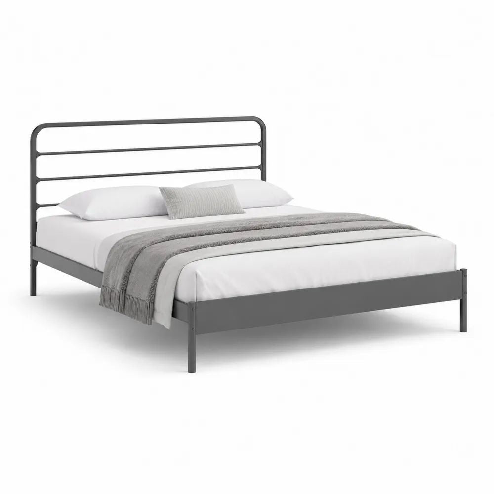 Cadre de lit double en acier gris anthracite avec sommier à lattes, couchage 160 × 200 cm, dimensions 166 × 207 × 105 cm