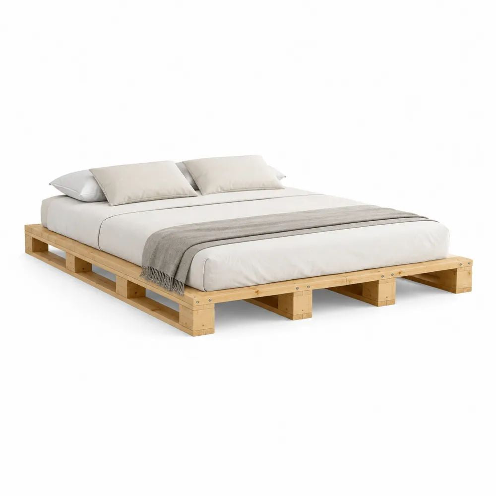 Cadre de lit double en bois massif beige naturel, plateforme basse, couchage 160 × 200 cm, dimensions 180 × 220 × 30 cm