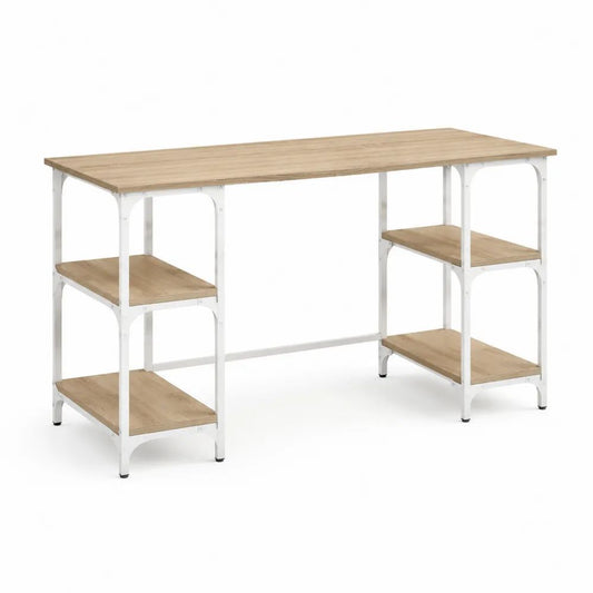 Bureau rectangulaire avec 4 étagères en panneau de particules mélaminé et acier, chêne clair et blanc, 140 × 50 × 75 cm