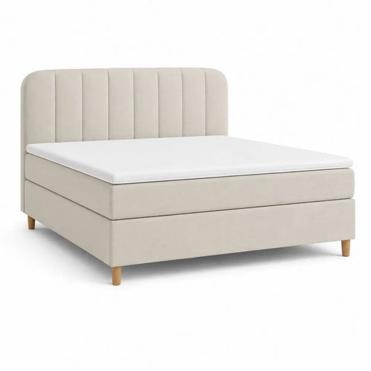 Lit double rembourré beige et blanc 160 x 200 cm avec tête de lit, matelas et surmatelas